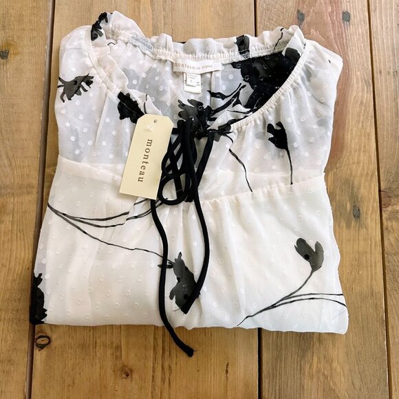 Monteau Los Angeles Blouse Floral NWT L Lined Cream Black - Picture 5 of 9
